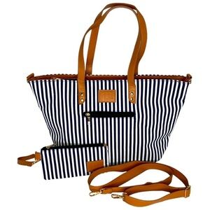 JESSICA MOORE Navy Blue Vertical Stripes Fabric with Wristlet Tote